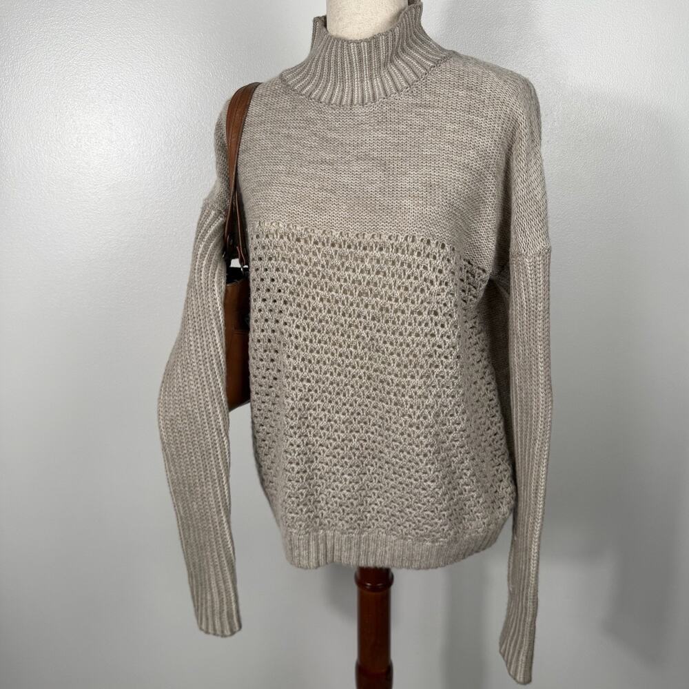 Toad&Co Women’s L 100% Merino Wool Mock Neck Open Knit Sweater Oatmeal